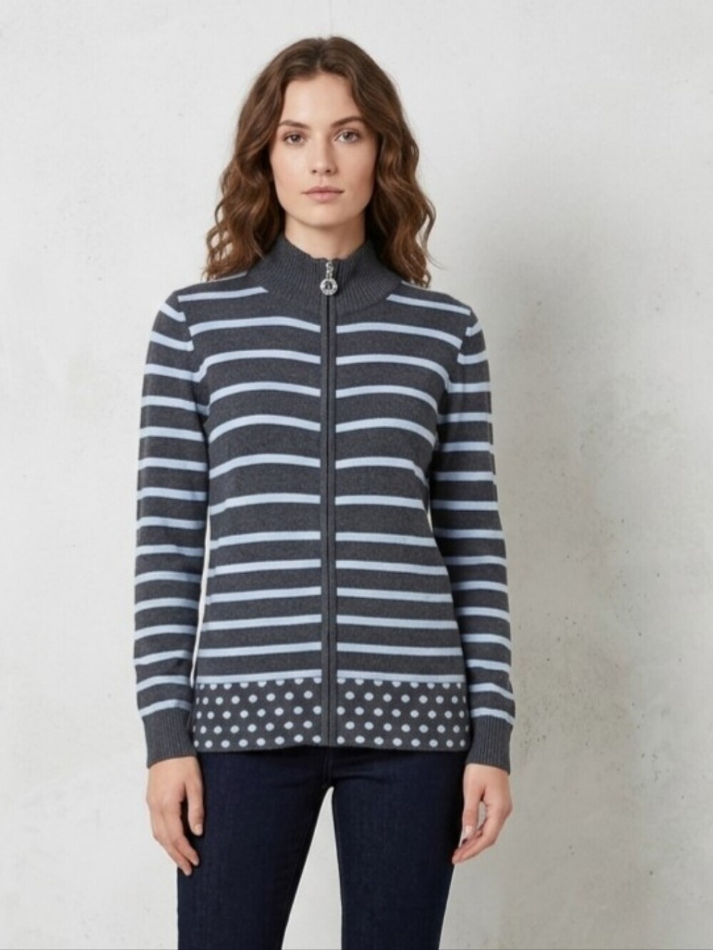 Laura Petites Blue And Grey Cardigan Sweater Wirh Rhinestone Toggle Med